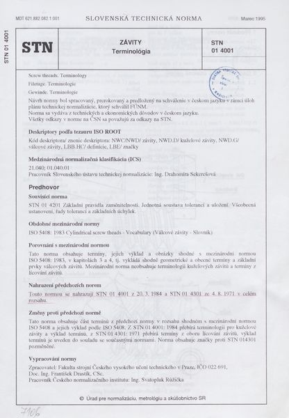 STN 01 4001: 1995, Závity. Terminológia.