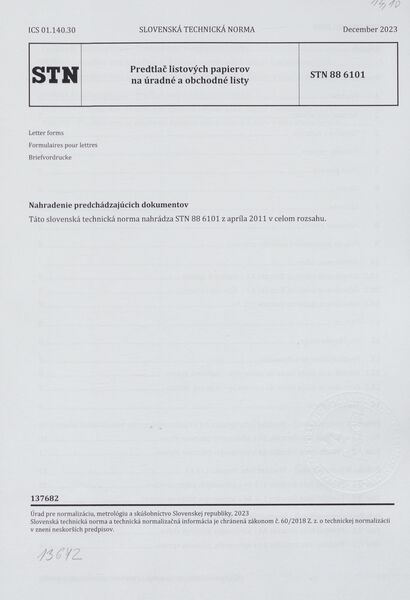 STN 88 6101: 2023, Predtlač listových papierov na úradné a obchodné listy.