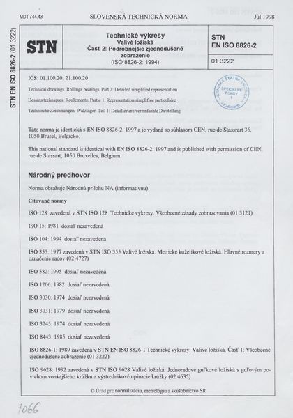 STN EN ISO 8826-2: 1998 (01 3222), Technické výkresy. Valivé ložiská Časť 2 Podrobnejšie zjednodušené zobrazenie (ISO 8826-2: 1994)