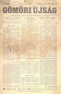 Gömöri ujság : szépirodalmi, társadalmi és közgazdasági megyei hetilap.