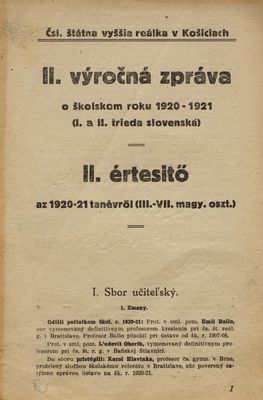 II. výročná zpráva o školkom roku 1920-1921 (I. a II. trieda slovenská).