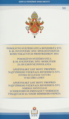 Posolstvo Svätého Otca Benedikta XVI. k 46. svetovému dňu spoločenských komunikačných prostriedkov 2012 ; Posolstvo Svätého Otca k 50. svetovému dňu modlitieb za duchovné povolania ; Apoštolský list motu proprio najvyššieho veľkňaza Benedikta XVI. Intima Ecclesiae natura O službe lásky ; Apoštolský list motu proprio najvyššieho veľkňaza Benedikta XVI. Normas nonnullas o niektorých zmenách v normách týkajúcich sa voľby rímskeho pápeža /
