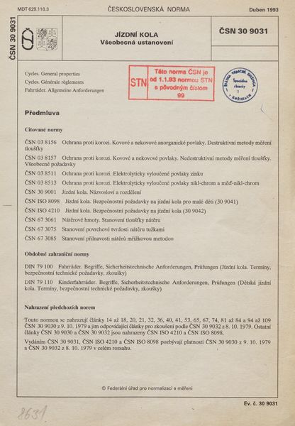 STN 30 9031: 1993, Jízdní kola. Všeobecná ustanovení.