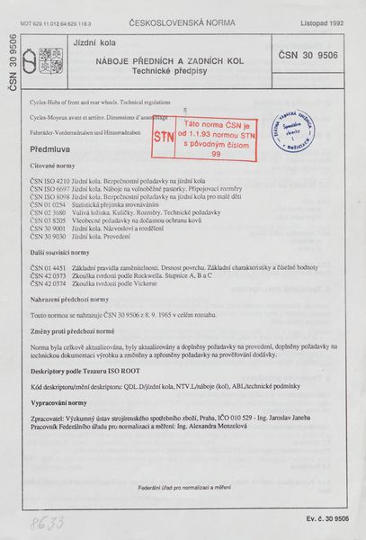 STN 30 9506: 1992, Jízdní kola. Náboje předních a zadních kol. Technické předpisy.