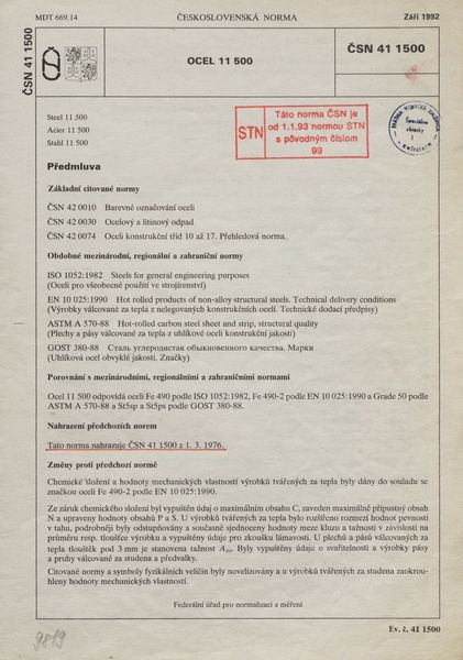 STN 41 1500: 1992, Ocel 11 500.