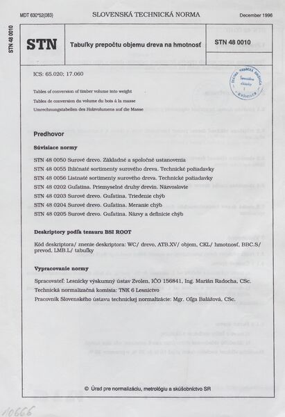 STN 48 0010: 1996, Tabuľky prepočtu objemu dreva na hmotnosť.