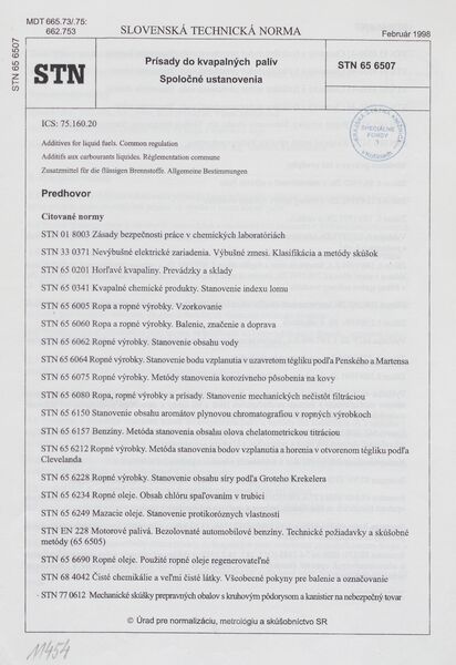 STN 65 6507: 1998, Prísady do kvapalných palív. Spoločné ustanovenia.