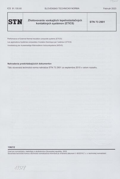 STN 73 2901: 2023, Zhotovovanie vonkajších tepelnoizolačných kontaktných systémov (ETICS).