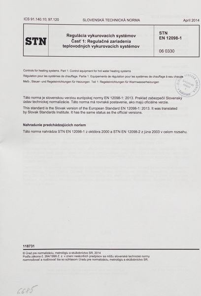 STN EN 12098-1: 2014 (06 0330), Regulácia vykurovacích systémov Časť 1 Regulačné zariadenia teplovodných vykurovacích systémov