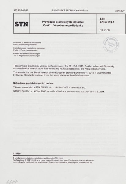 STN EN 50110-1: 2014 (33 2100), Prevádzka elektrických inštalácií Časť 1 Všeobecné požiadavky