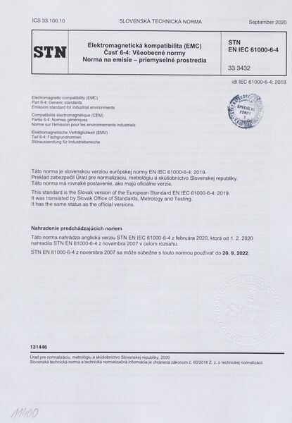 STN EN IEC 61000-6-4: 2020 (33 3432), Elektromagnetická kompatibilita (EMC) Časť 6-4 Všeobecné normy. Norma na emisie - priemyselné prostredia
