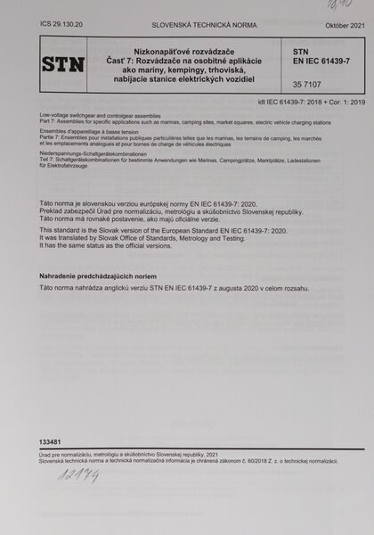 STN EN IEC 61439-7: 2003 (35 7107), Nízkonapäťové rozvádzače Časť 7 Rozvádzače na osobitné splikácie ako maríny, kempingy, trhoviská, nabíjacie stanice elektrických vozidiel