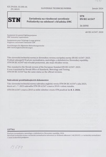 STN EN IEC 61547: 2024 (36 0090), Zariadenia na všeobecné osvetlenie. Požiadavky na odolnosť z hľadiska EMC.