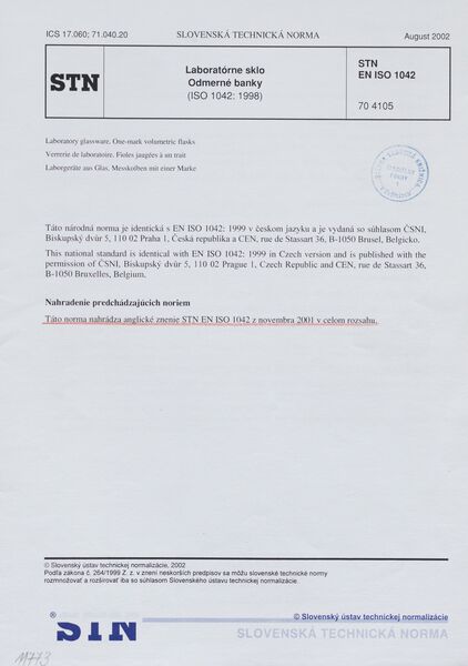 STN EN ISO 1042: 2002 (70 4105), Laboratórne sklo. Odmerné banky (ISO 1042: 1998).