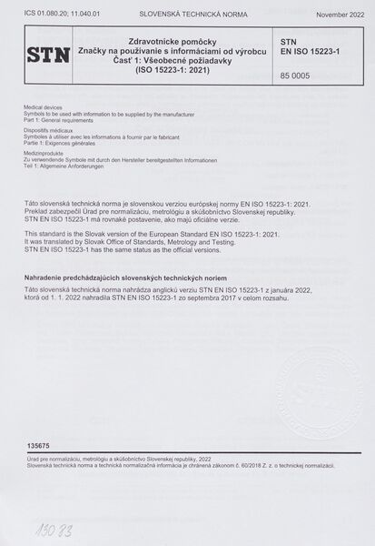STN EN ISO 15223-1: 2022 (85 0005), Zdravotnícke pomôcky. Značky na používanie s informáciami od výrobcu Časť 1 Všeobecné požiadavky (ISO 15223-1: 2021)
