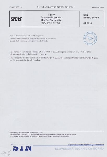 STN EN ISO 3451-4: 2003 (64 0218), Plasty. Stanovenie popola Časť 4 Polyamidy (ISO 3451-4: 1998)