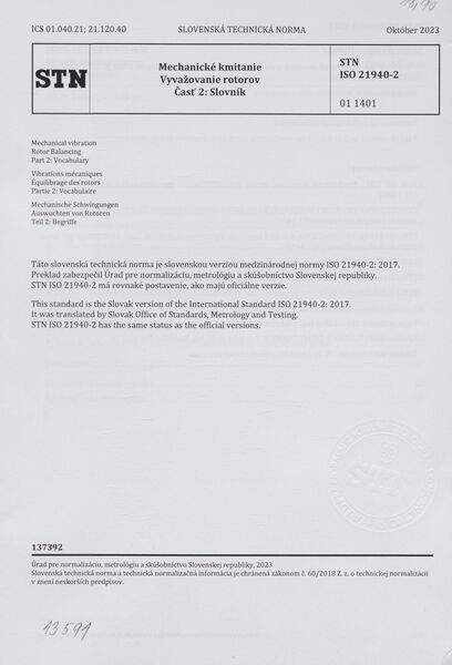 STN ISO 21940-2: 2023 (01 1401), Mechanické kmitanie. Vyvažovanie rotorov Časť 2 Slovník