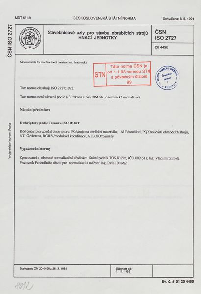 STN ISO 2727: 1992 (20 4490), Stavebnicové uzly pro stavbu obráběcích strojů. Hnací jednotky.