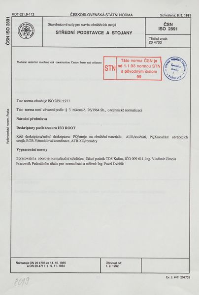 STN ISO 2891: 1992 (20 4703), Stavebnicové uzly pro stavbu obráběcích strojů. Střední podstavce a stojany.