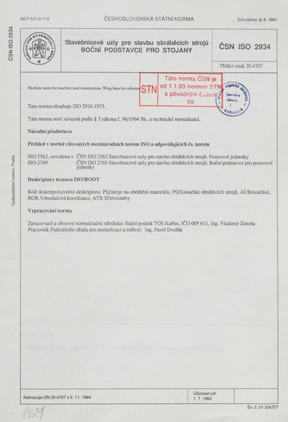 STN ISO 2934: 1992 (20 4707), Stavebnicové uzly pro stavbu obráběcích strojů. Boční podstavce pro stojany.