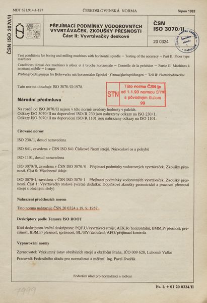 STN ISO 3070/II: 1992 (20 0324), Přejímací podmínky vodorovných vyvrtávaček. Zkoušky přesnosti Časť 2 Vyvrtávačky deskové