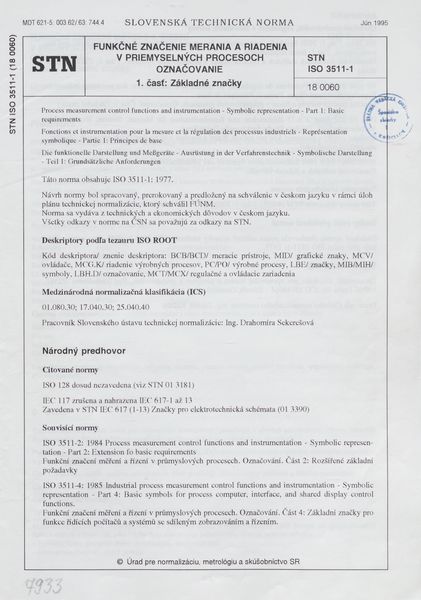 STN ISO 3511-1: 1995 (18 0060), Funkčné značenie merania a riadenia v priemyselných procesoch. Označovanie Časť 1 Základné značky