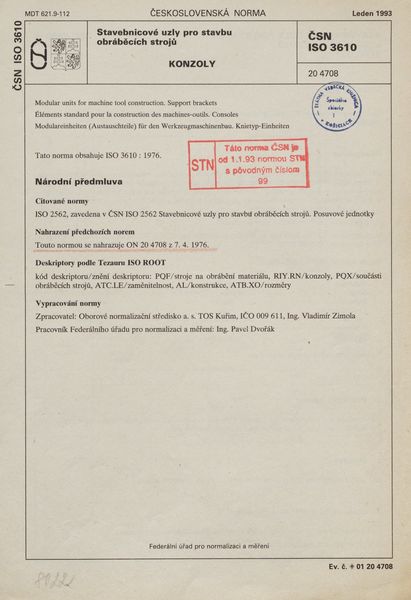 STN ISO 3610: 1993 (20 4708), Stavebnicové uzly pro stavbu obráběcích strojů. Konzoly.