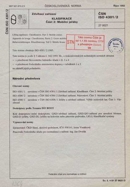 STN ISO 4301/2: 1992 [neplatná] (27 0021), Zdvihací zařízení. Klasifikace Část 2 Mobilní jeřáby
