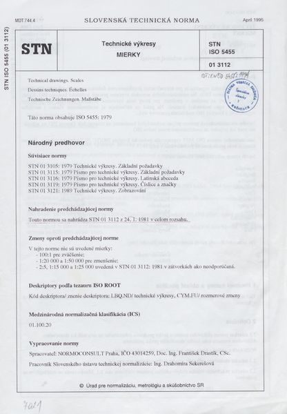 STN ISO 5455: 1995(01 3112), Technické výkresy. Mierky.