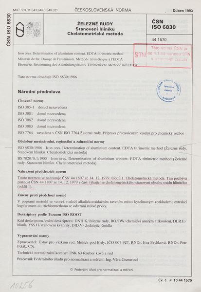 STN ISO 6830: 1993 (44 1570), Železné rudy. Stanovení hliníku. Chelatometrická metoda.