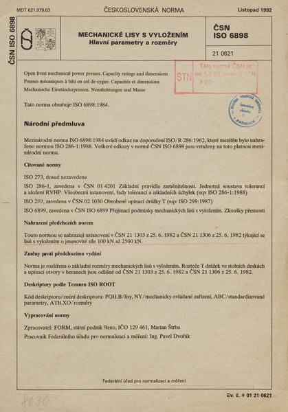 STN ISO 6898: 1992 (21 0621), Mechanické lisy s vyložením. Hlavní parametry a rozměry.