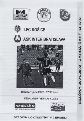 1. FC Košice verzus AŠK Inter Bratislava : ligová sezóna 2001/2002 - jarná časť 34. kolo : sobota 1. júna 2002 - 17.30 hod. Štadión Lokomotívy v Čermeli /