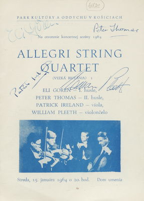Allergi String Quartet (Veľká Británia) : streda, 15. januára 1964 o 20. hod., Dom umenia /