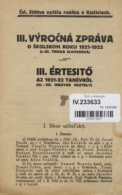 III. výročná zpráva o školkom roku 1921-1922 (I.-III. trieda slovenská).