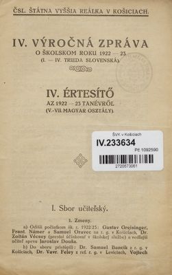 IV. výročná zpráva o školkom roku 1922-23 (I. a IV. trieda slovenská).