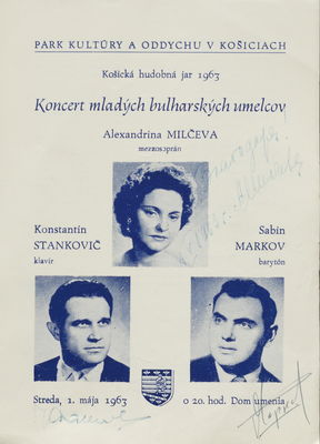 Košická hudbná jar 1963 : koncert mladých bulharských umelcov : streda, 1. mája 1963 o 20. hod. Dom umenia /