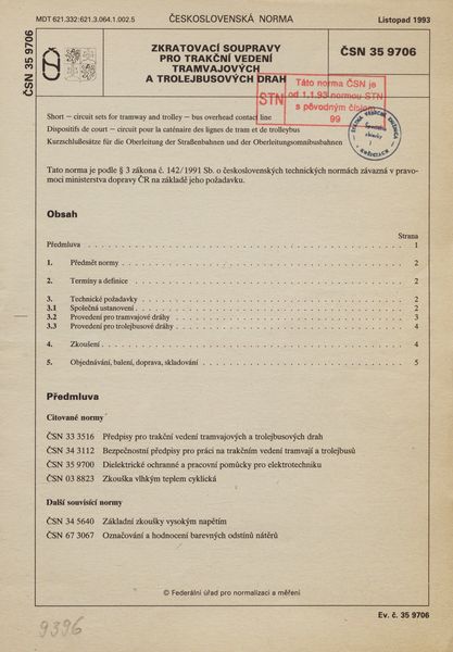 STN 35 9706: 1993, Zkratovací soupravy pro trakční vedení tramvajových a trolejbusových drah.