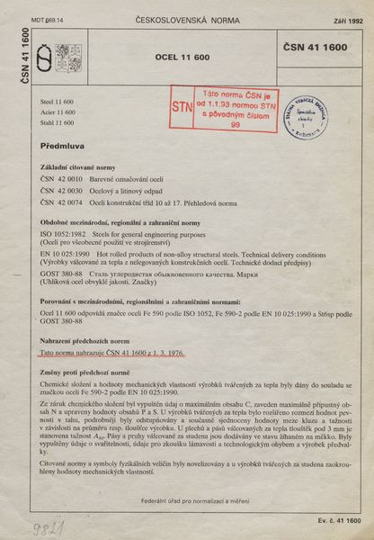 STN 41 1600: 1992, Ocel 11 600.
