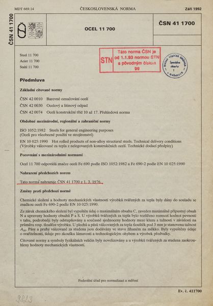 STN 41 1700: 1992, Ocel 11 700.