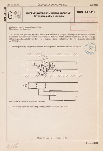 STN 44 5410: 1993, Uhelné kombajny úzkozáběrové. Hlavní parametry a rozměry.