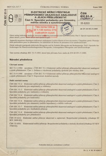 STN EN 60051-5: 1992 (35 6203), Elektrické měřicí přístroje přímopůsobící ukazovací analogové a jejich příslušenství Časť 5 Speciální požadavky pro fázoměry, měřiče účiníku a synchronoskopy