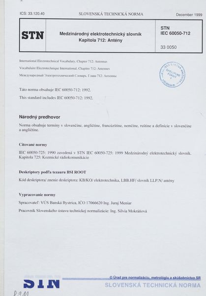 STN IEC 60050-712: 1999 (33 0050), Medzinárodný elektrotechnický slovník Kapitola 712 Antény