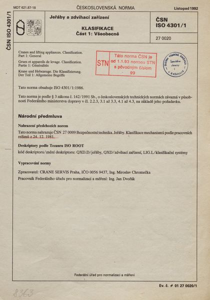 STN ISO 4301/1: 1992 [neplatná] (27 0020), Jeřáby a zdvihací zařízení. Klasifikace Část 1 Všeobecně