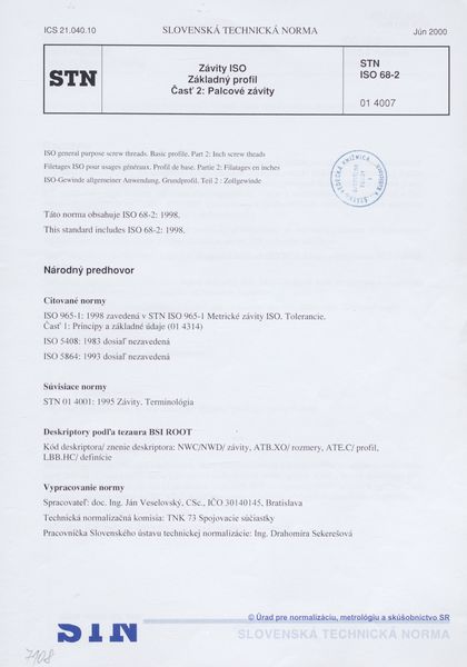 STN ISO 68-2: 2000 (01 4007), Závity ISO. Základný profil Časť 2 Palcové závity