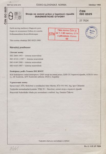 STN ISO 8925: 1992 (27 7524), Stroje na zemné práce a lopatové rýpadlá. Diagnostické otvory.