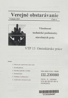 Všeobecné technické podmienky stavebných prác. VTP 13, Omietkárske práce.