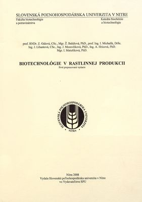 Biotechnológie v rastlinnej produkcii /