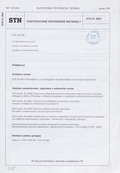 STN 01 2801: 1997, Certifikované referenčné materiály.